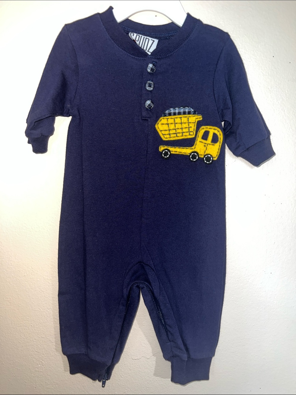 Navy Baby One-Piece Romper with Yellow Felt Dump Truck